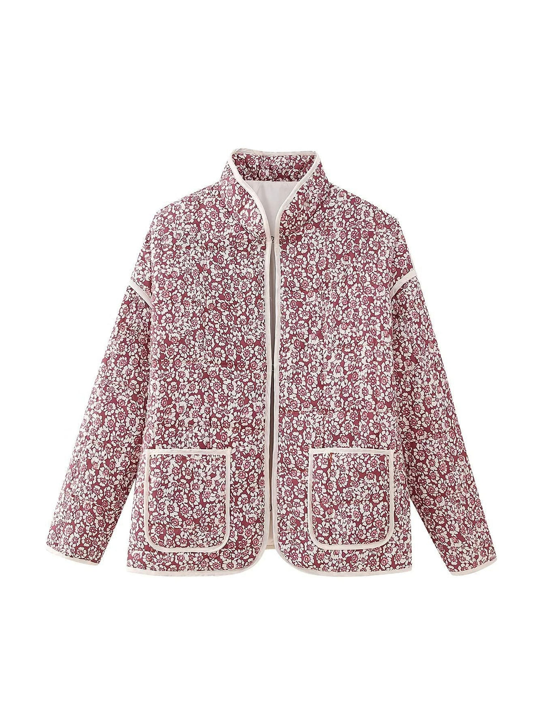 Dam quiltad floral jacka med ståkrage, dragkedja, och påsydda fickor