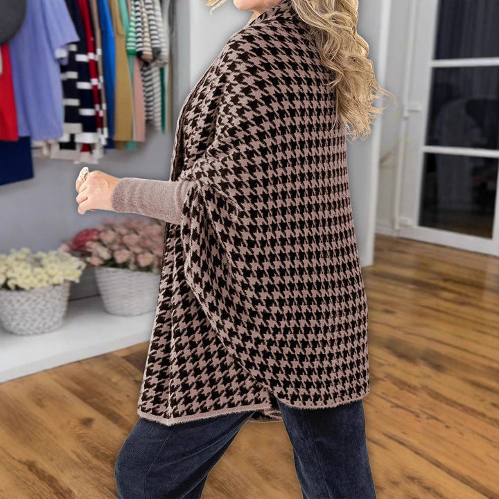 Dam oversized poncho med Houndstooth mönster och Open sjalkrage