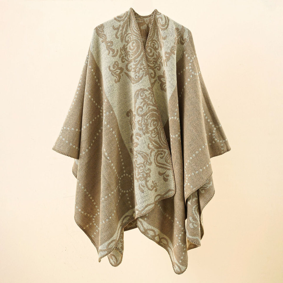 Dam Jacquard Ruana i cape stil med kontrasterande chain fåll