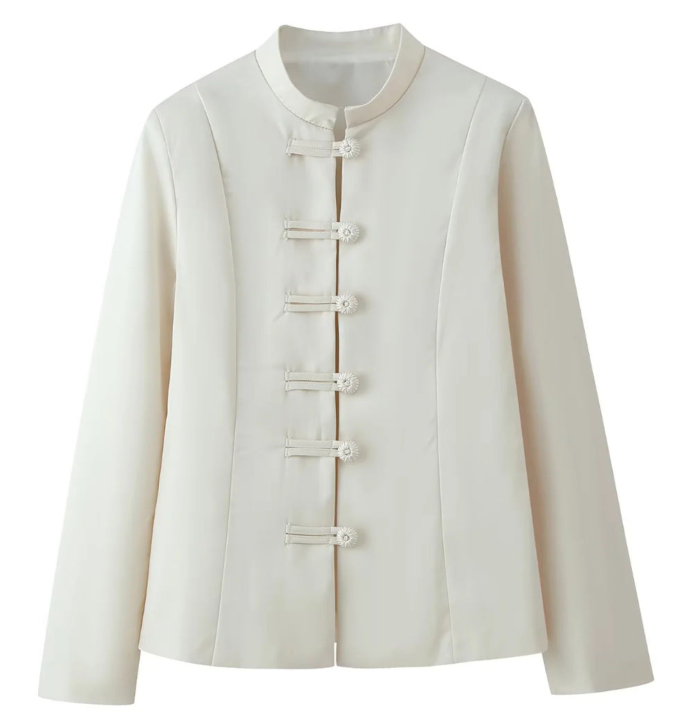 Dam 100+ Elegant Tailored Blouse Jacka med Mandarin Krage och Dekorativ Knot Closures