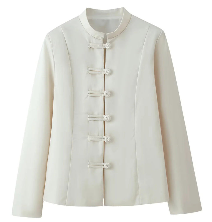Dam 100+ Elegant Tailored Blouse Jacka med Mandarin Krage och Dekorativ Knot Closures