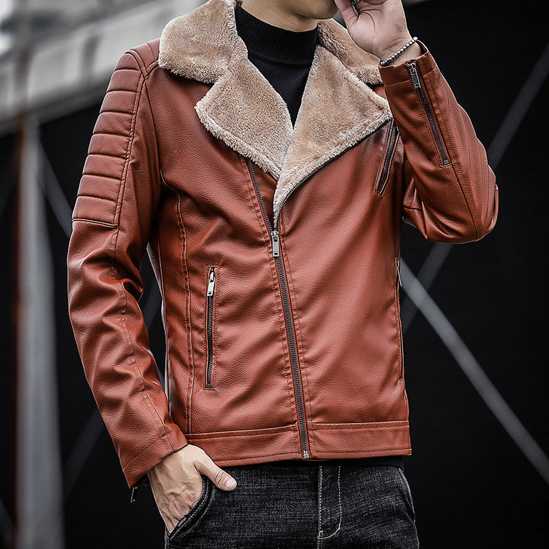 Herr Konstläder Biker Jacka med Teddy Fur Foder och Quiltad Ärm Detalj