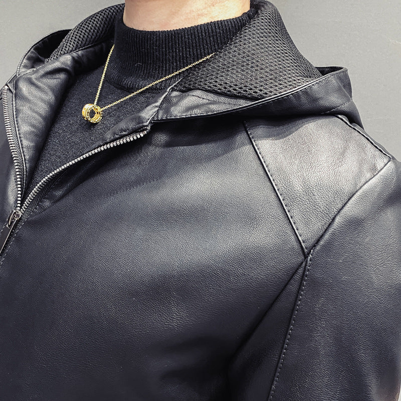 Herr Leatherette med Huva Blouson med Mesh Inre Huva, Smal Siluett och Hel Dragkedjaper