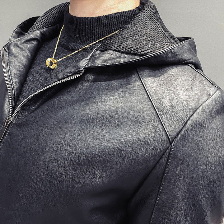 Herr Leatherette med Huva Blouson med Mesh Inre Huva, Smal Siluett och Hel Dragkedjaper