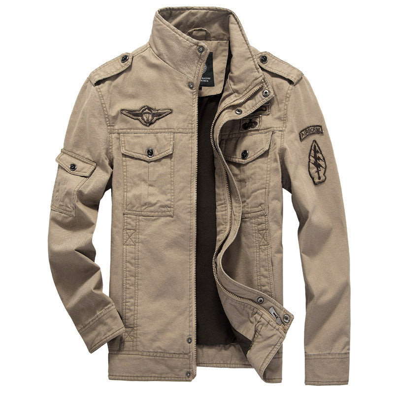 Herr Canvas Fältjacka i Militär Utility Stil med Epaulettes, Bröst Lock Fickor, och Ståkrage