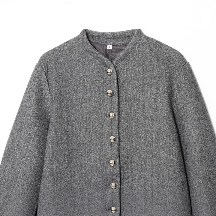 Dam Kort Boxig Ull Blend Jacka med Round Neck och Dekorativ Metal Knappar