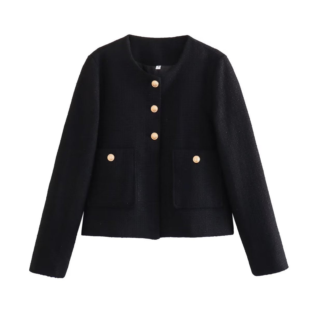 Dam kort-skärning tweed jacka med boucle structure, round neckline och decorative gold knappar