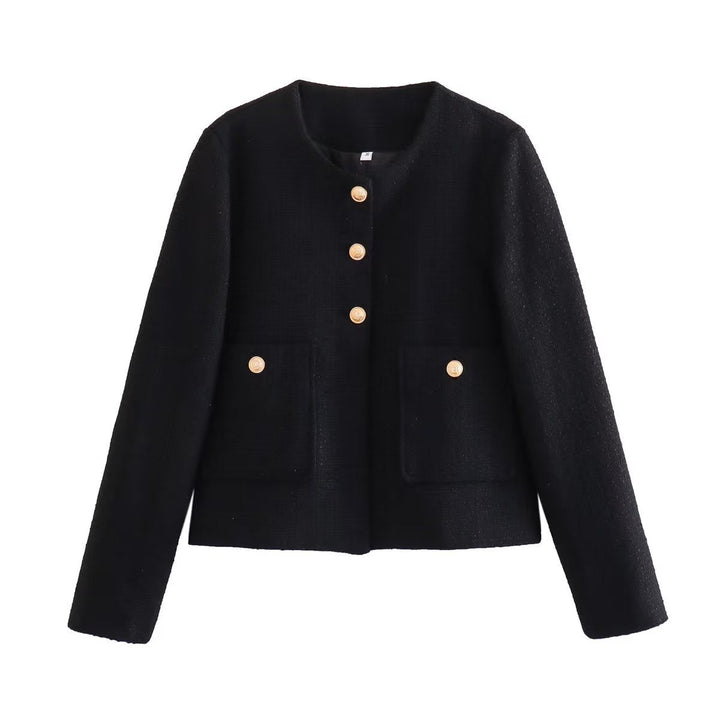 Dam kort-skärning tweed jacka med boucle structure, round neckline och decorative gold knappar