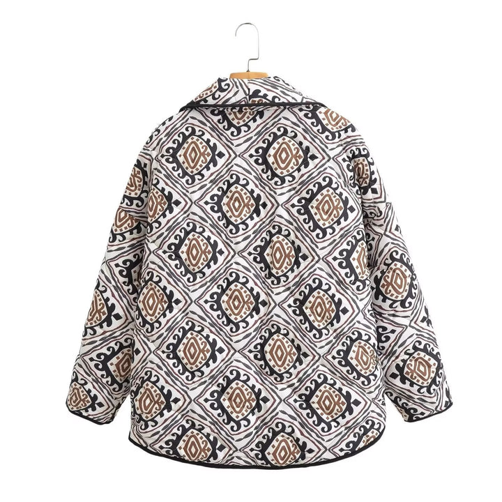 Dam vadderad Kimono kviltad jacka med Ethno tryck och kontrast Piping