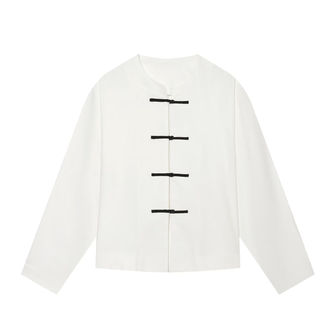 Dam Boxig Jacka med Mandarin Krage och Dekorativ Knot Closures