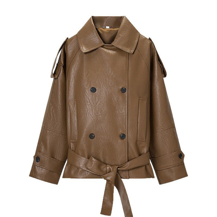 Dam kort konstläder trenchcoat med midjebälte, Double Breasted och Epaulettes