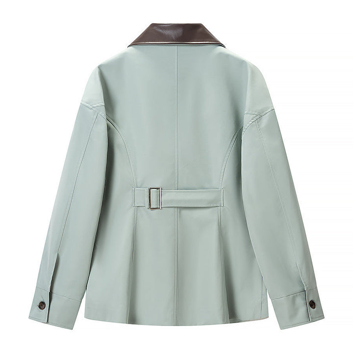 Dam Kort Läderlook Blouson Jacka med Contrast Krage och Dragkedja