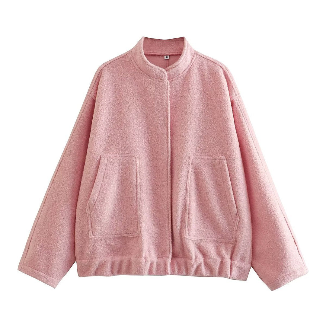 Dam boxy ullblandning blouson med ståkrage, concealed front placket, sidofickor och elastisk fåll