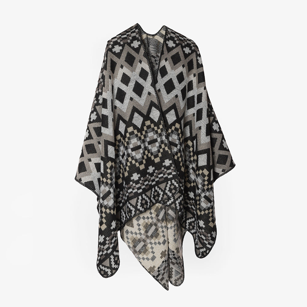 Dam stor-area Jacquard capeponcho med geometric-ethnic mönster och boxy silhuett