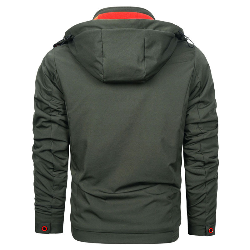 Herr Softshell Utilityjacka med Avtagbar Huva, Vindskyddande Membrane, och Zippered Bröstficka