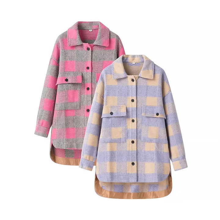 Dam oversize Checked Shacket med Patch bröstfickor och Rounded Hemline