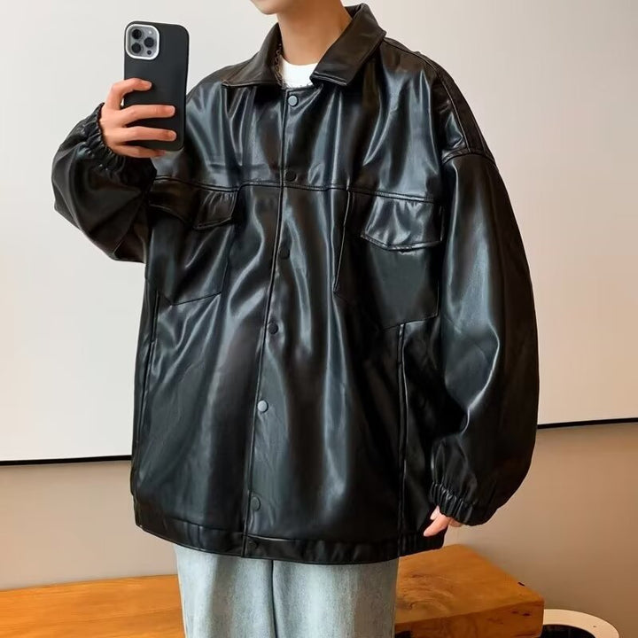 Herr Oversized PU Läder Shacket med Lock Fickor och Elastisk Muddar