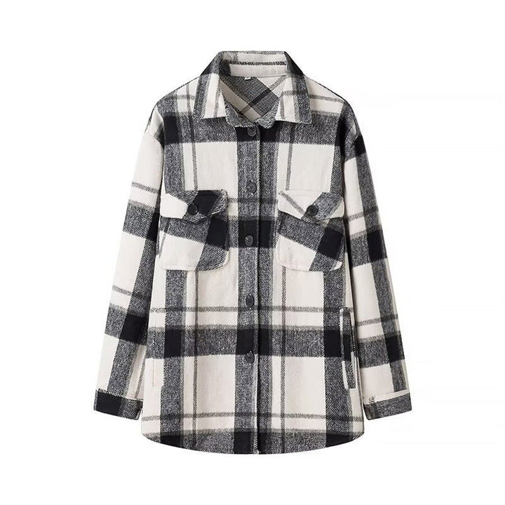 Dam Checked Transition Shacket gjord mjuk Flannel med Attached bröstfickor