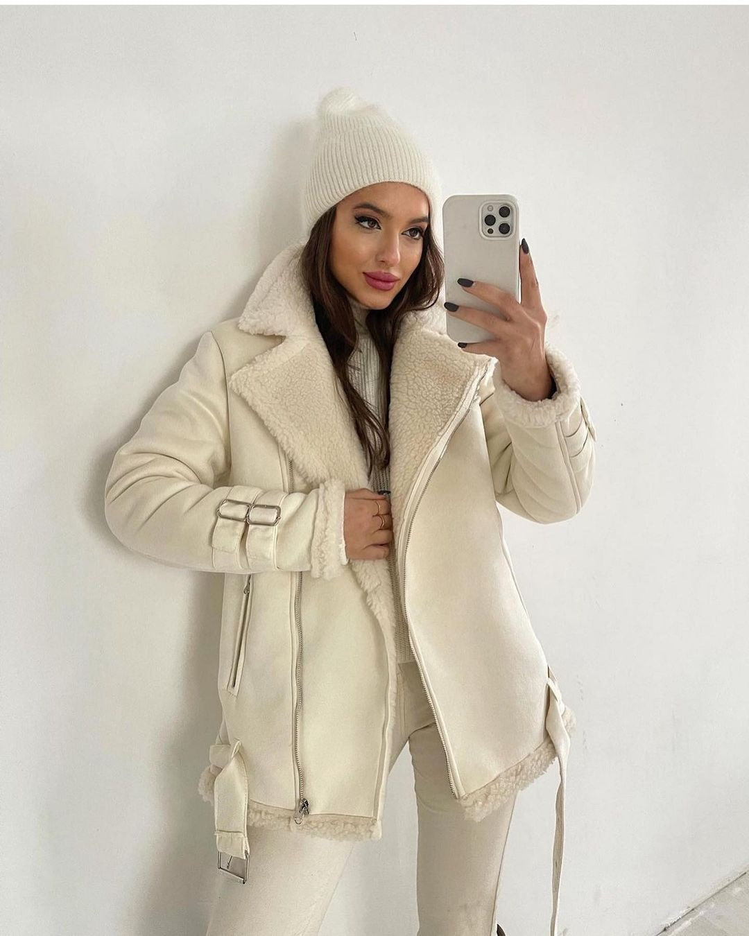 Dam oversize konstläder Pilot jacka med teddy Fur foder och Buckles