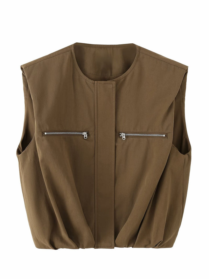 Dam Sleeveless Utility Väst med Draped Front och Chest Dragkedja Fickor