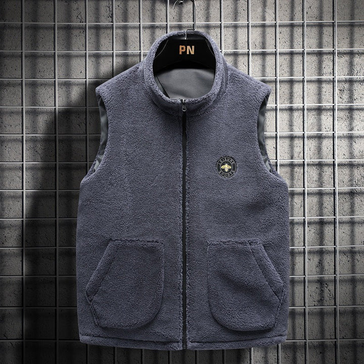 Herr Vadderad Teddy Fleece Väst med Huva, Hel Dragkedja och Letter Patch