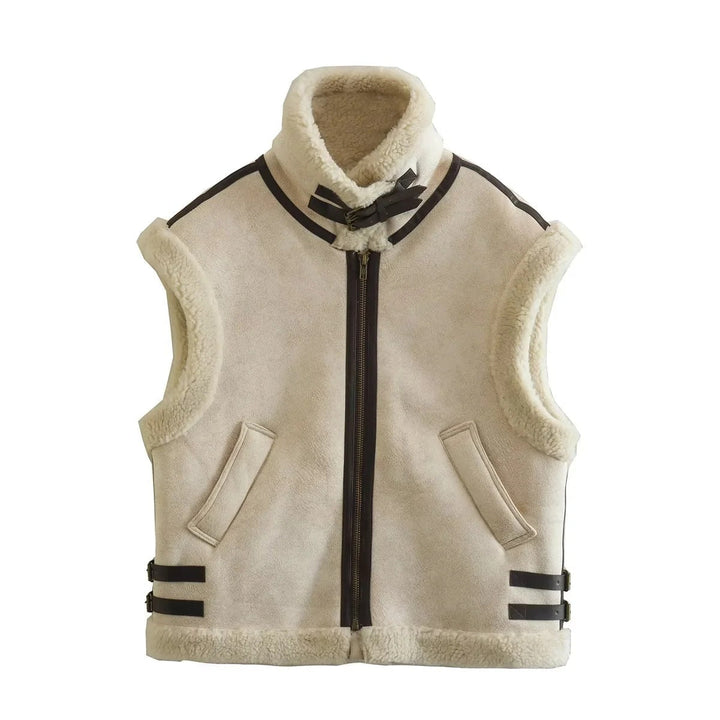 Dam Sleeveless Lambskin Look Väst med Stå Krage, Dragkedja och Buckle Details