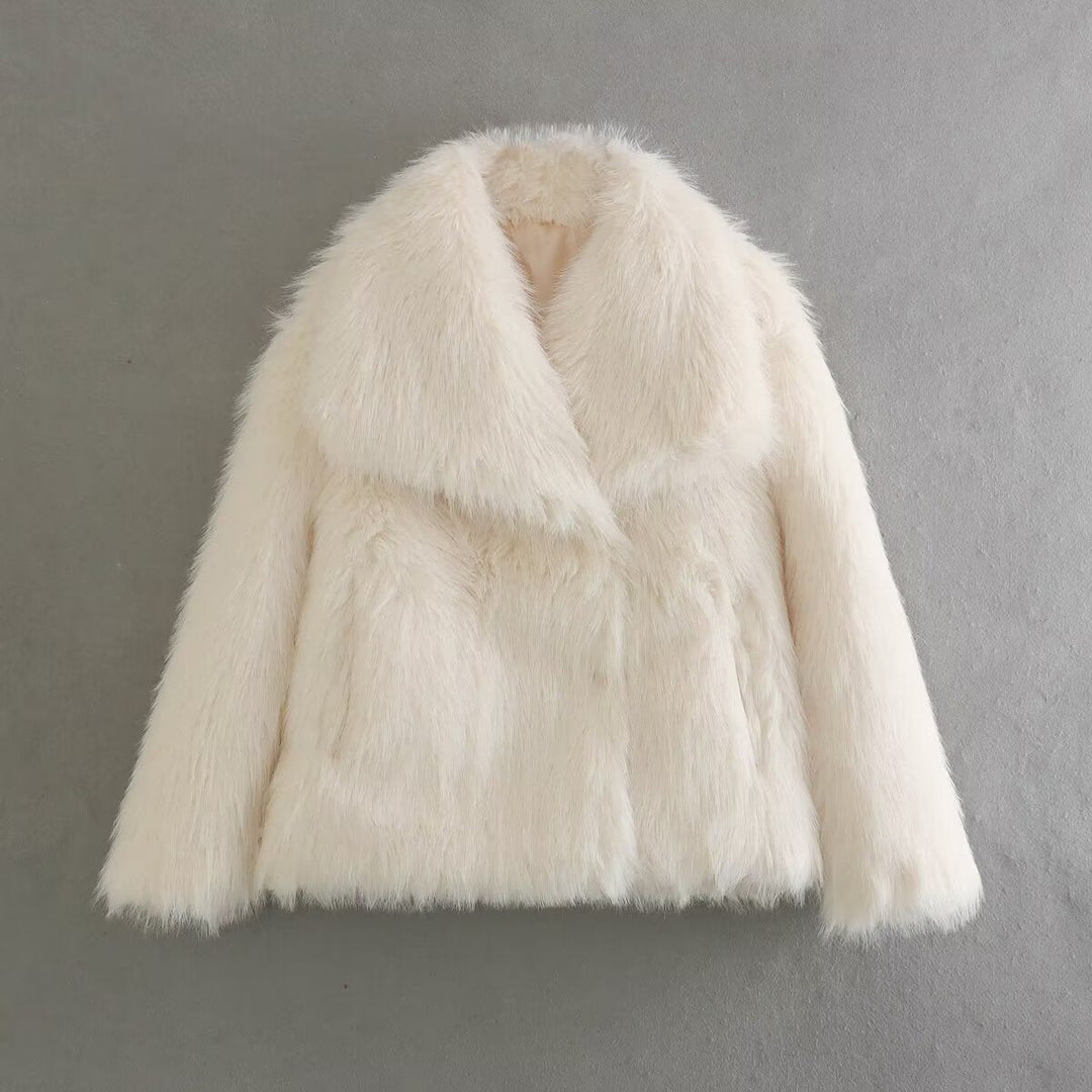 Dam Kort Skärning Vegansk Faux Fur Jacka med Wide Shawl Krage