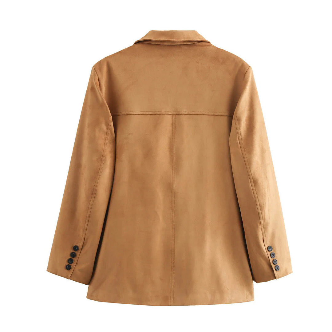 Dam cropped mocka blazer med lapel krage och påsydda fickor