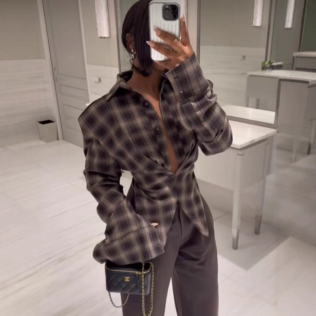 Dam Checked Oversize Skjortjacka med Pointed Nederkant