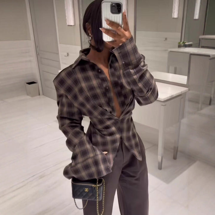Dam Checked Oversize Skjortjacka med Pointed Nederkant