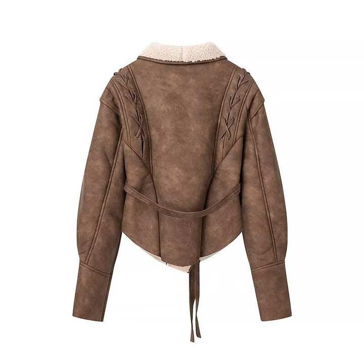 Dam kort jacka in aviator look med sherpa foder, knytband och shoulder lacing