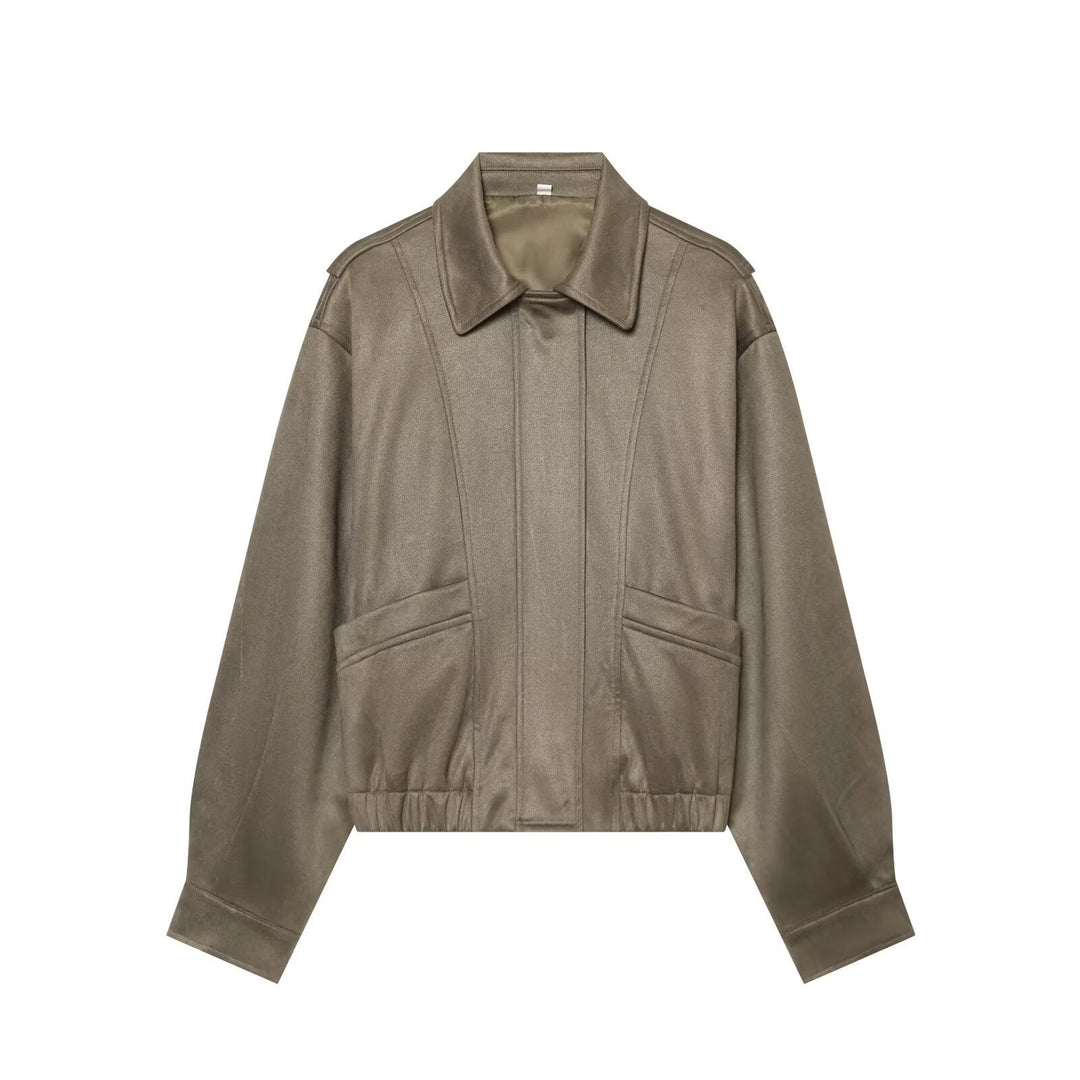 Dam Kort Boxig Blouson i Suede Look med Lock Fickor
