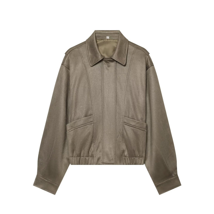 Dam Kort Boxig Blouson i Suede Look med Lock Fickor