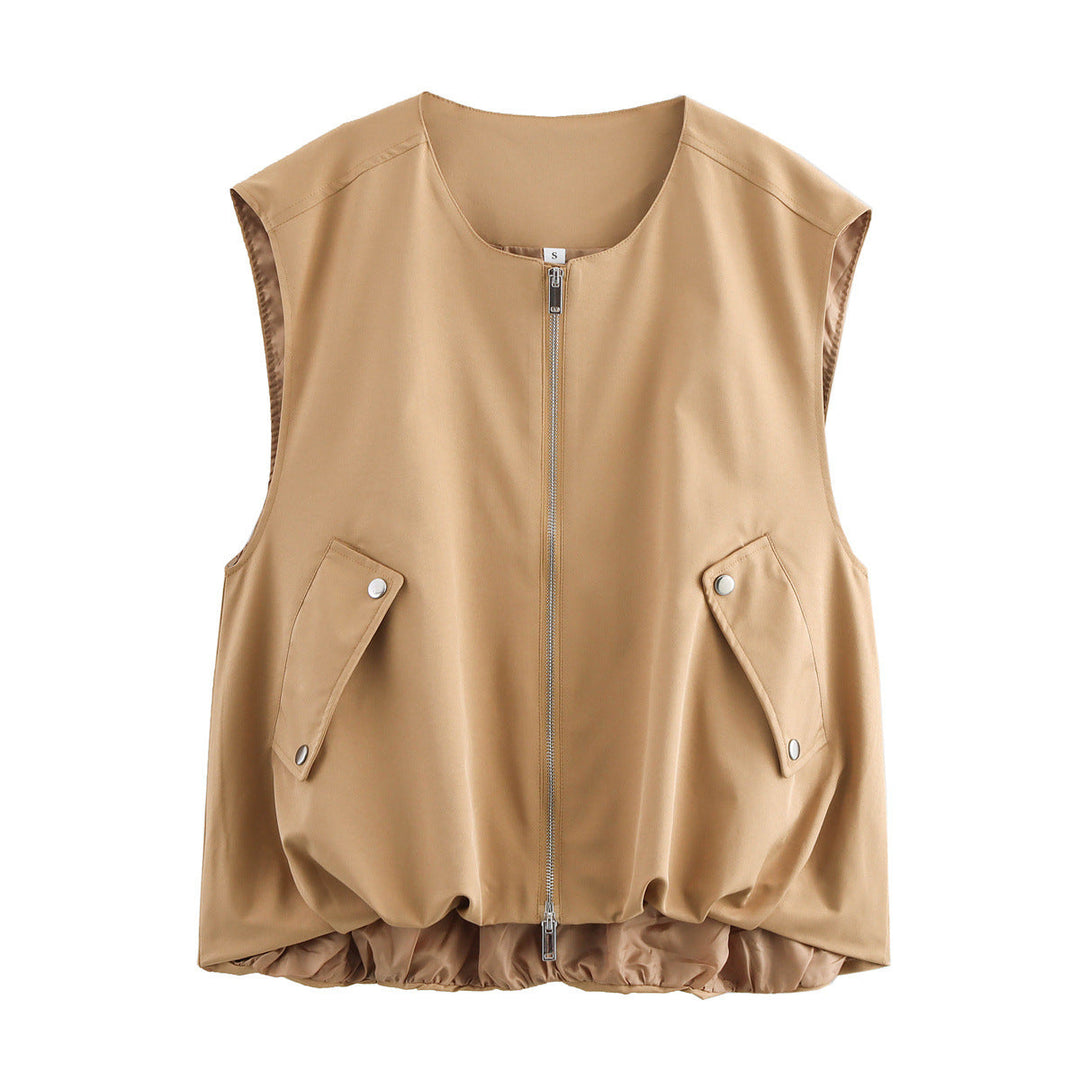 Dam figursydd sleeveless utilityväst med hel dragkedja, patch snap-button fickor, och elastisk fåll