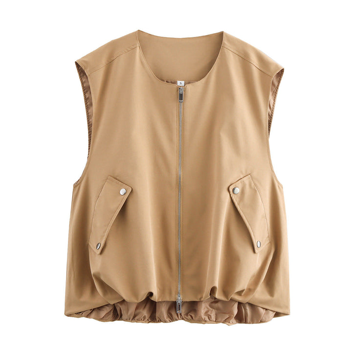 Dam figursydd sleeveless utilityväst med hel dragkedja, patch snap-button fickor, och elastisk fåll