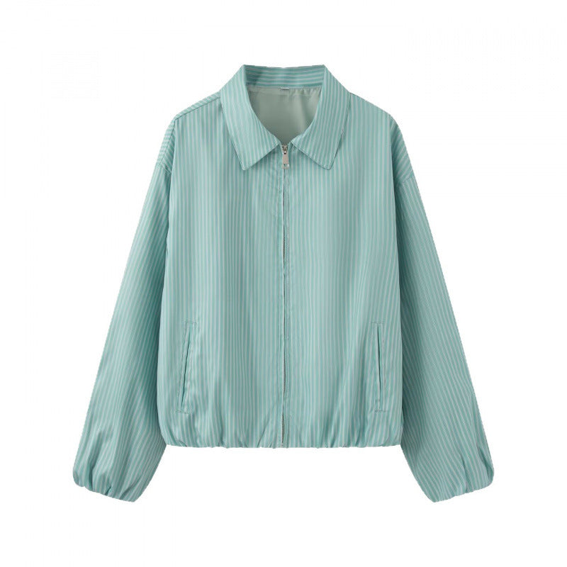 Dam Lätt Randig Kort Jacka i Blouson Stil med Skjort Krage och Elastic Nederkant