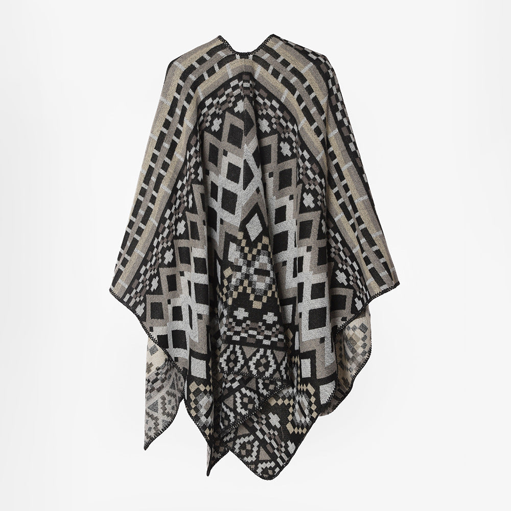 Dam stor-area Jacquard capeponcho med geometric-ethnic mönster och boxy silhuett