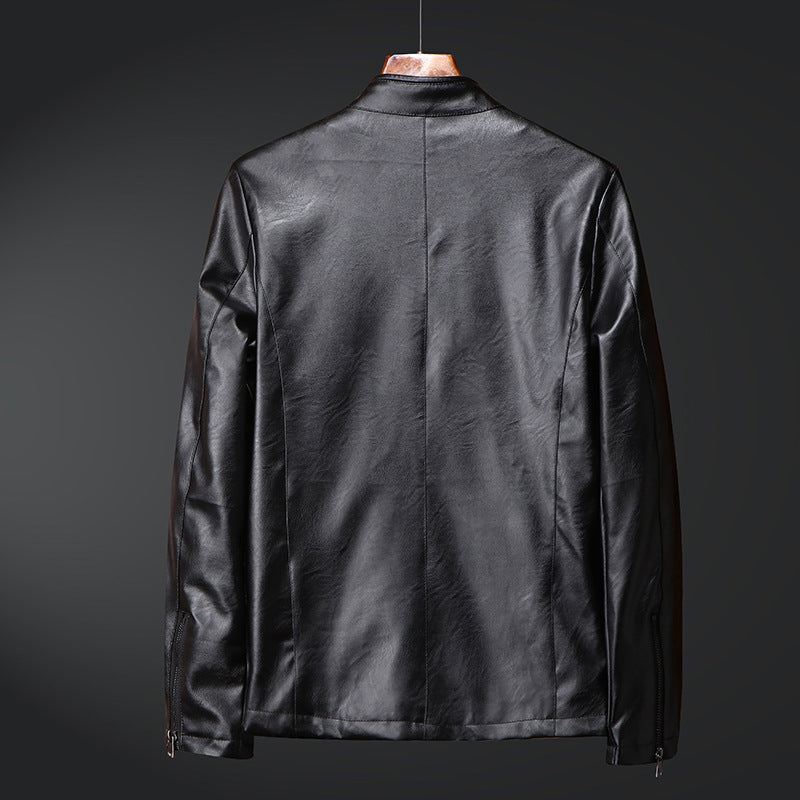 Herr Smal Synthetic Läder Blouson med Standing Krage och Tvåvägsdragkedja