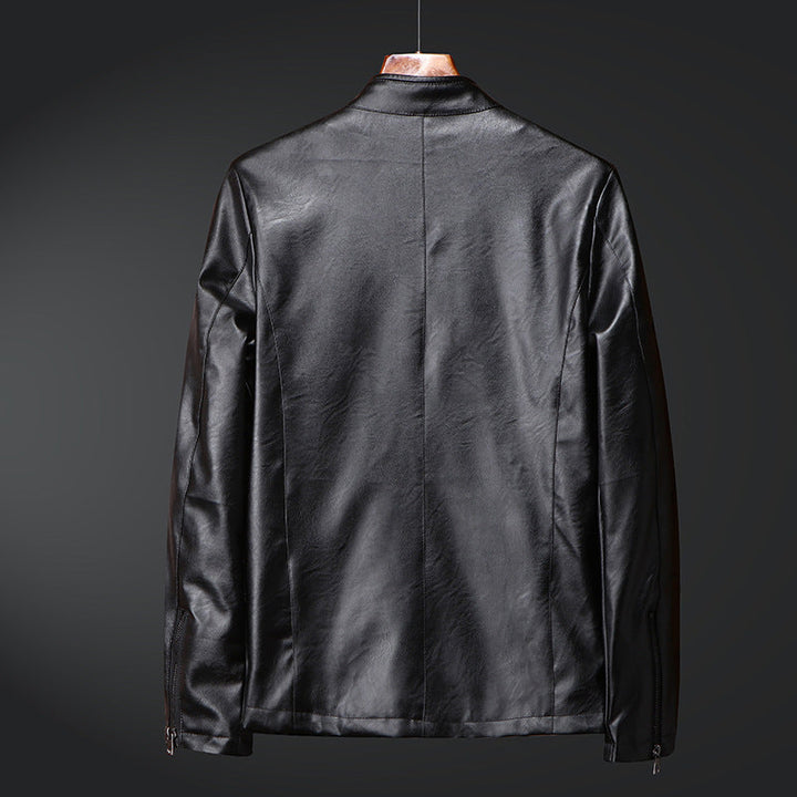 Herr Smal Synthetic Läder Blouson med Standing Krage och Tvåvägsdragkedja