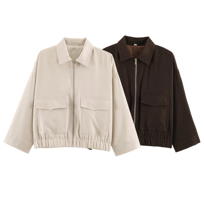 Dam Boxig Kort Blouson med Patch Fickor och Elastic Nederkant