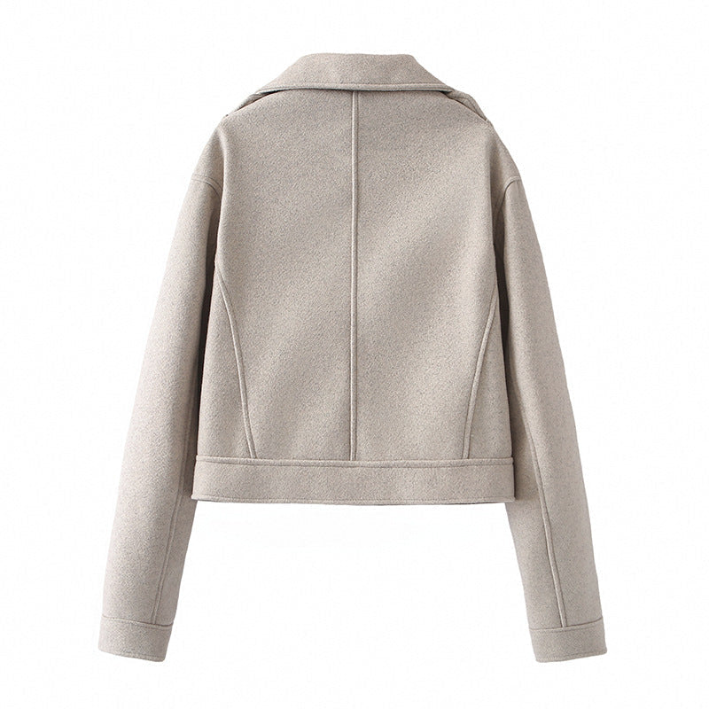 Dam cropped ullblandning bikerjacka med asymmetrisk dragkedja och stor sjalkrage