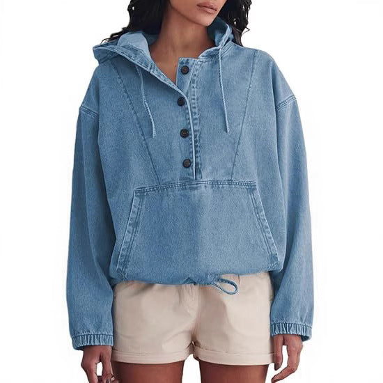 Dam jeans Half jacka med huva, Kangaroo ficka och dragsko