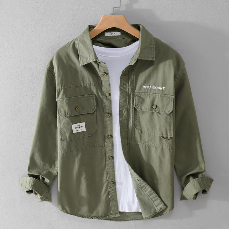 Herr Fält Overshirt i Militär Stil med Utanpå Bröstfickor och Avslappnad Passform