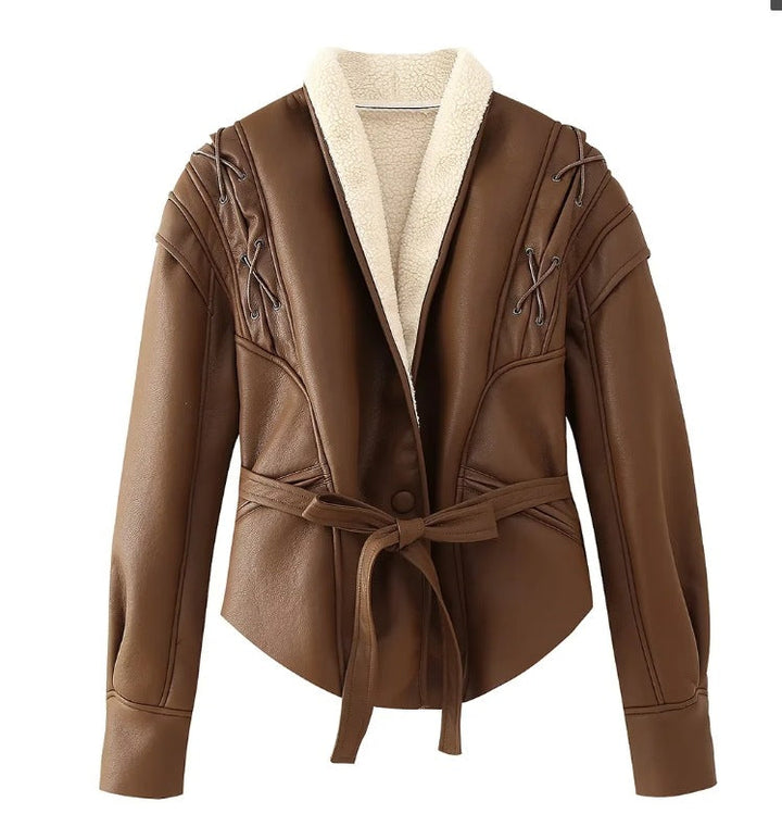 Dam 100+ Kort Wrap Jacka med Tie Belt och Eyelet Lacing Detail