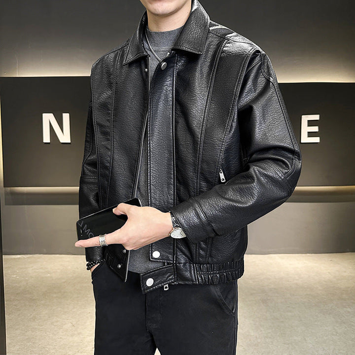 Herr Kort oversize Läder Imitation Blouson med ståkrage, Dragkedja och elastisk fåll