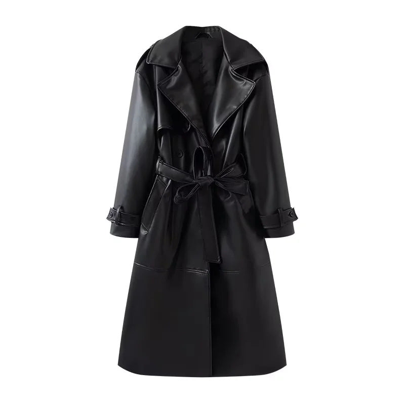 Dam figursydd vegan trenchcoat tillverkad av läder imitation med sjalkrage och tie bälte