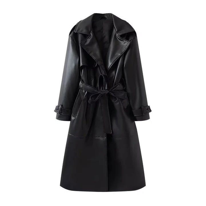 Dam figursydd vegan trenchcoat tillverkad av läder imitation med sjalkrage och tie bälte