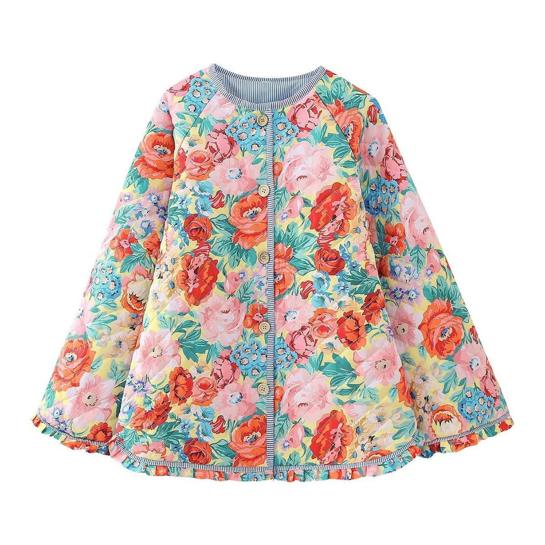 Dam quiltad swing jacka med floral quilt rund hals och ruffle fåll