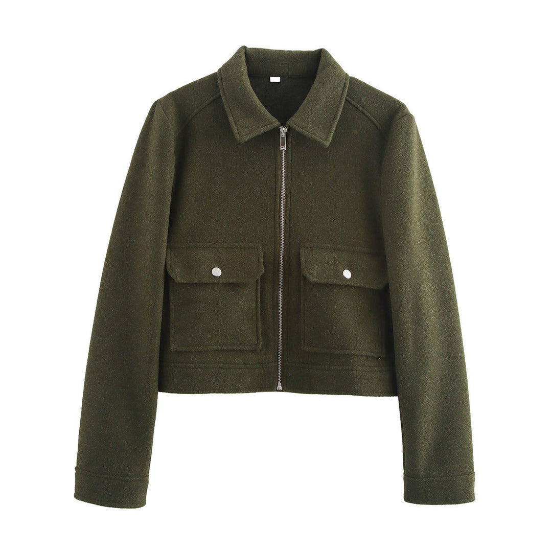 Dam kort-skärning ull look blousonjacka med continuous dragkedja och patch flap fickor