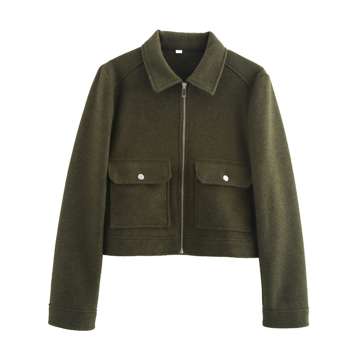 Dam kort-skärning ull look blousonjacka med continuous dragkedja och patch flap fickor